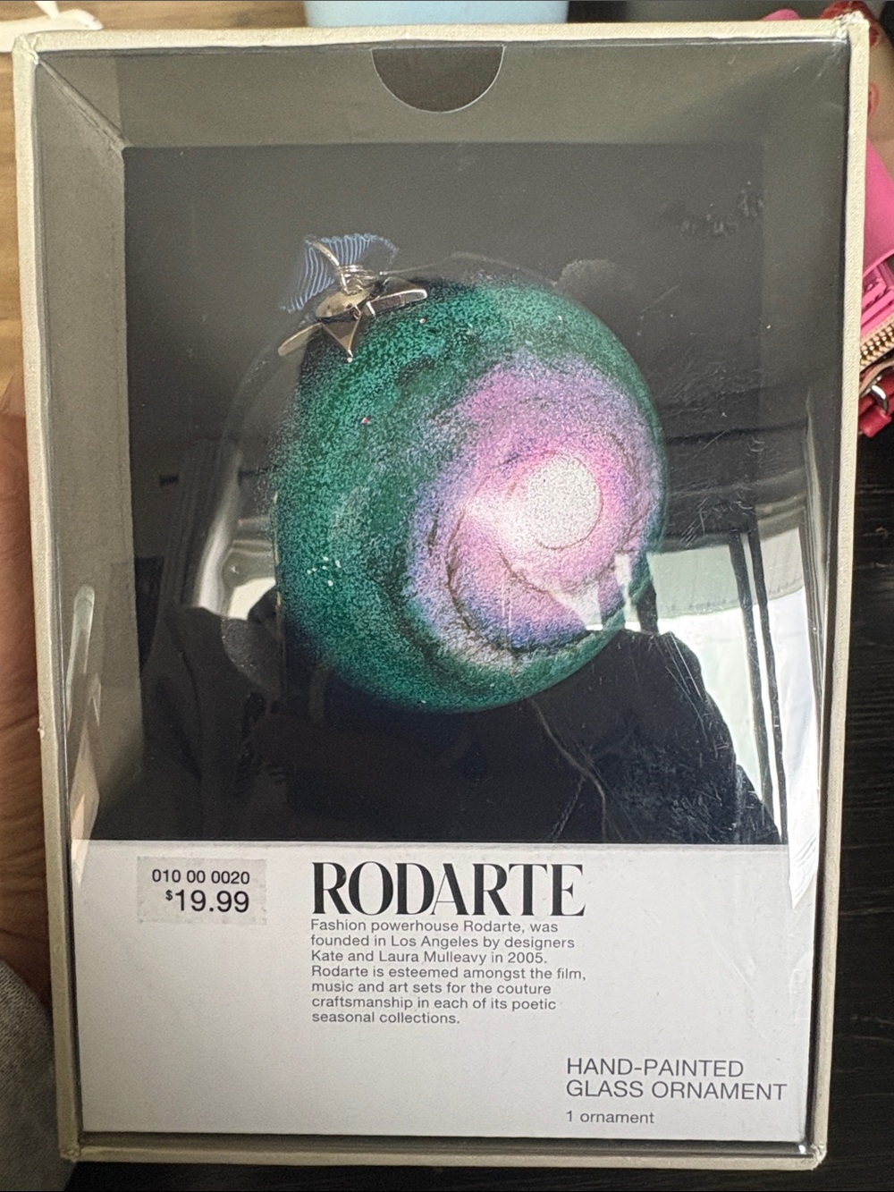 Rodarte Hand-Painted Glass Ornament - Green & Purple Swirl
